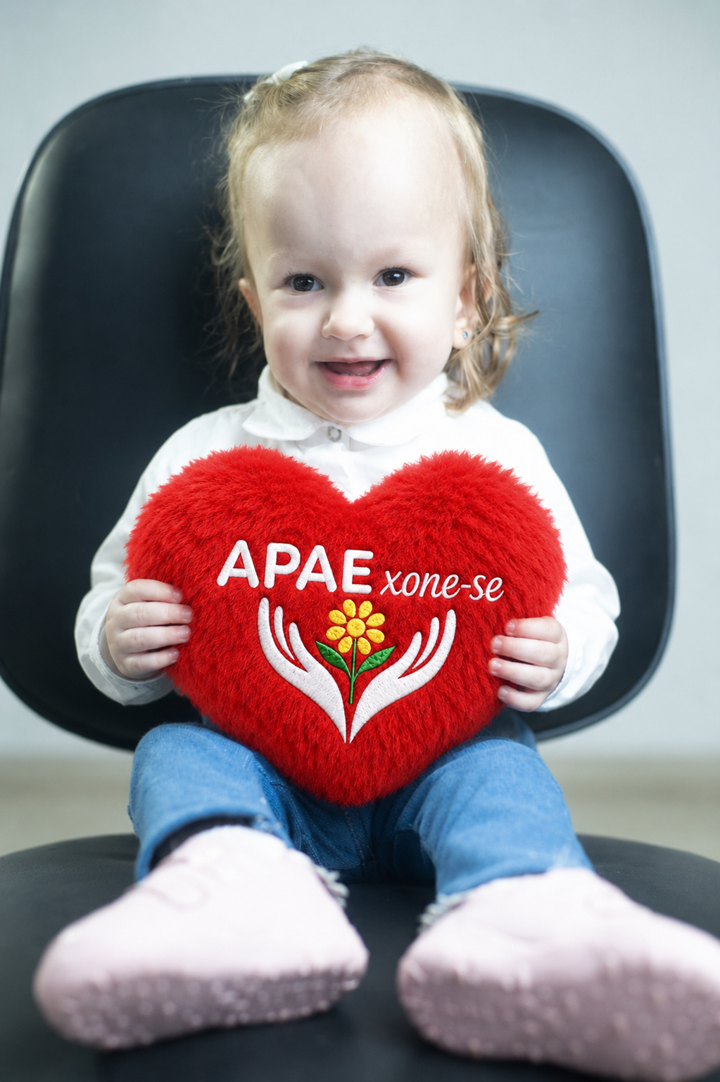 Bebê sorrindo segurando almofada de coração APAExone-se