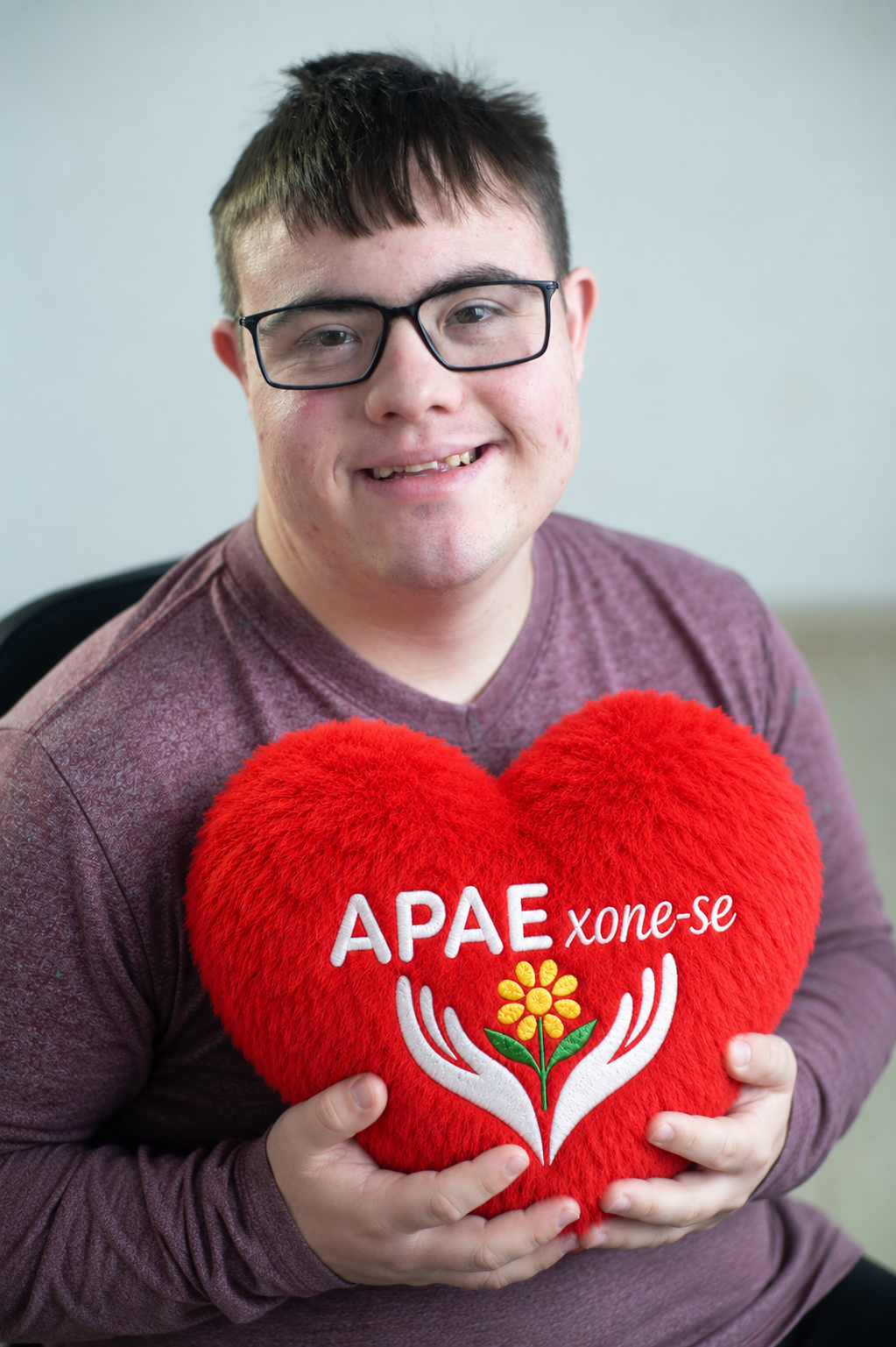 Rapaz sorrindo segurando almofada de coração APAExone-se